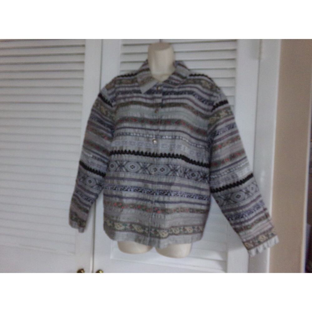 Tantrums Collection silk/polyester boho jacket L Mixed patterns rick rack Retro